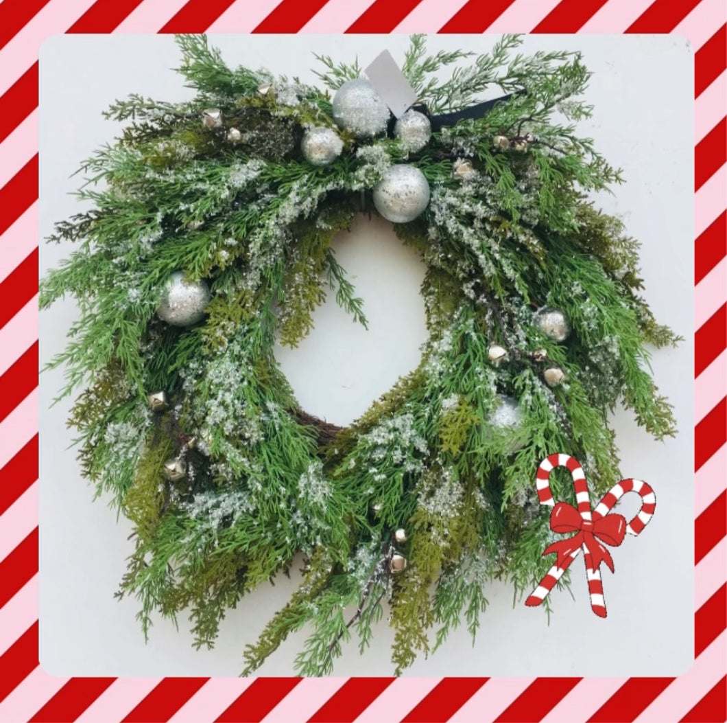 Green Wreath with Silver bells and balls